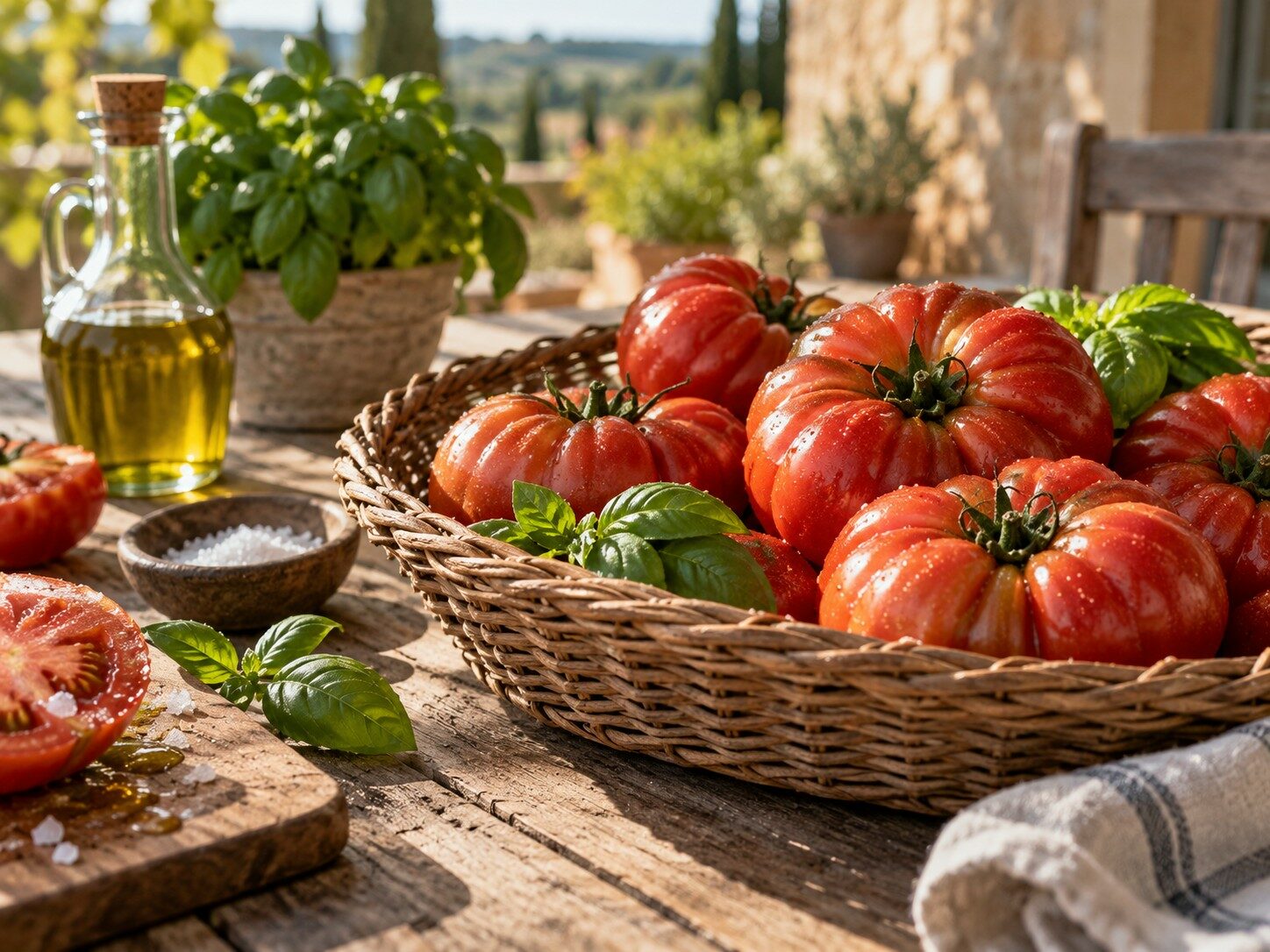 Tomates anciennes de Marmande dans un panier en osier, avec basilic, huile d'olive et gros sel en Lot-et-Garonne.