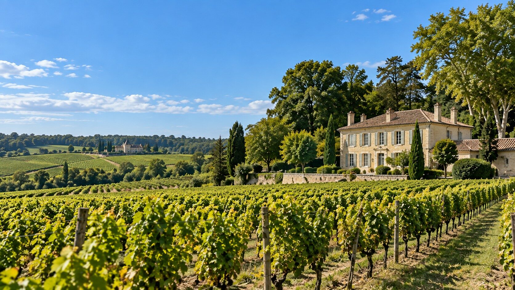 Bords de Garonne près de Langon en Sud Gironde, avec maisons anciennes en pierre, arbres et ponton en bois.