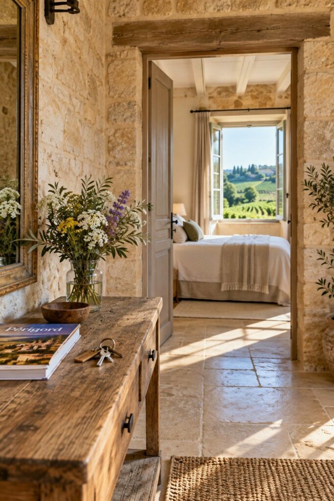Entrée d’une maison en pierre près de Bergerac, avec clés et fleurs, ouvrant sur une chambre avec vue sur les vignes.