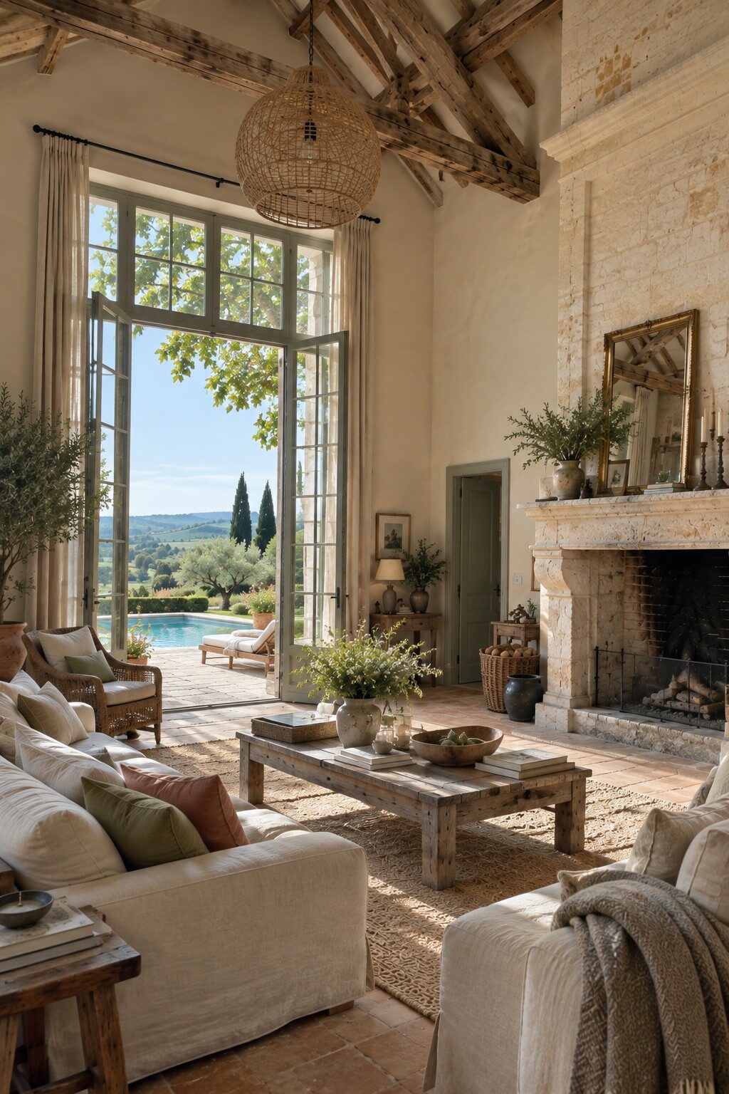 Salon d’une maison d’exception près de Marmande, avec poutres apparentes, cheminée en pierre et ouverture sur la piscine.