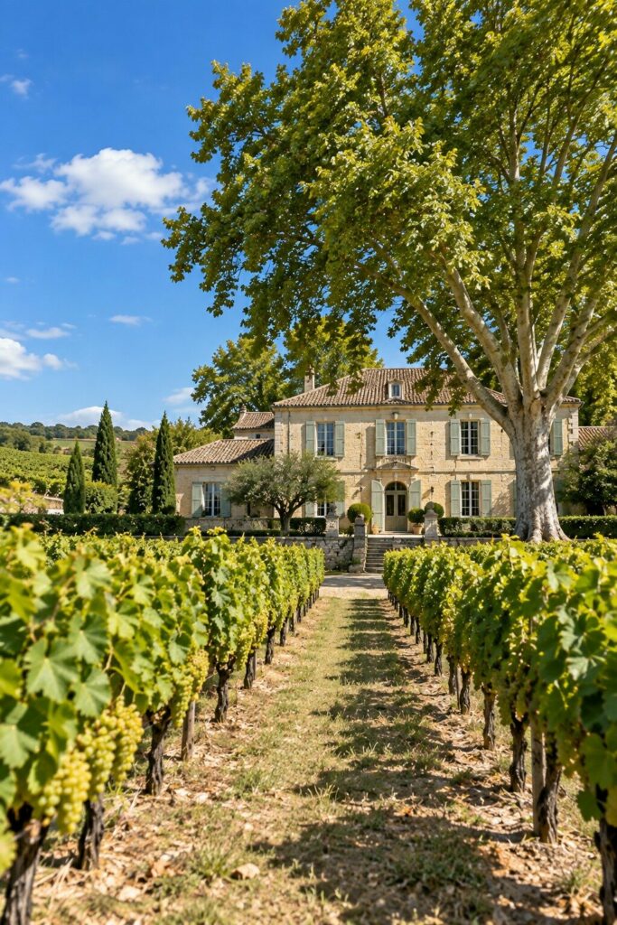 Chartreuse en pierre au milieu des vignes de Sauternes près de Langon, avec volets gris-vert et grand platane.