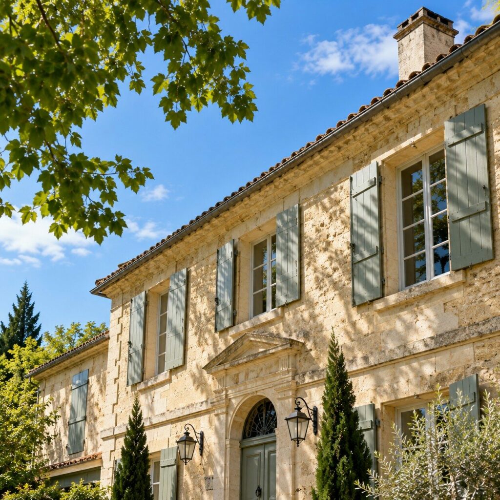 Façade d’une maison d’exception en Sud Gironde, en pierre blonde avec volets gris-vert et toiture en tuiles.