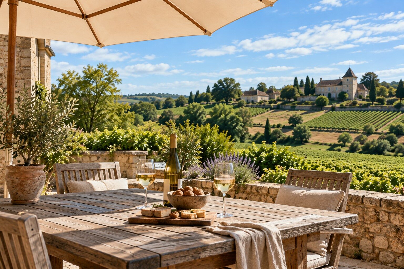 Terrasse face aux vignobles près de Bergerac, avec deux verres de vin blanc, une bouteille et des noix sur une table.